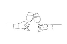 Continuous Line Drawing Of Hand Cheering And  Holding Glass Wine Liquor. Vector Illustration