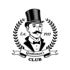 Wall Mural - Gentlemen club emblem vector illustration. Man in smoking and top hat, laurel wreath frame. Bar, pub or shop concept for labels or badges templates