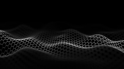 abstract hexagon wave with moving dots. flow of particles. cyber technology illustration. 3d renderi