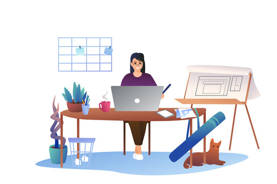 Young beautiful girl architect sits at a graphics tablet. A woman with glasses sits at a work table at home. Drawings of buildings, artist-architect.
