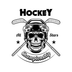 Fototapete - Hockey player skull vector illustration. Head pf skeleton in helmet, crossed sticks, championship text. Sport or fan community concept for emblems and labels templates