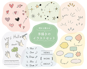 Wall Mural - 落書き・手描き風イラストのセット／アイコン／かわいい／吹き出し／ハート／星／飾り／素材