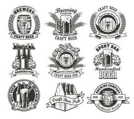 Wall Mural - Beer vector illustrations set. Bottles, barrels, pints, glasses, mugs, boxes with hops and wheat ears, text on ribbons. Bar, pub and brewing concept for badges, emblems or labels templates