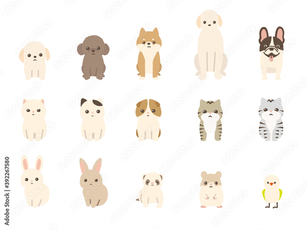 ペット 動物のベクターイラストセット 犬、猫、兎、小動物 の
