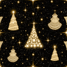 Golden Christmas Trees Seamless Pattern For Fabric Texture Or Wrapping Paper.