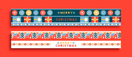 Wall Mural - Merry Christmas folk winter ornament banner set