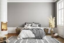 White Gray Bedroom Interior With Fireplace Carpet, Dry Plants And Decor. 3d Render Illustration Mock Up.