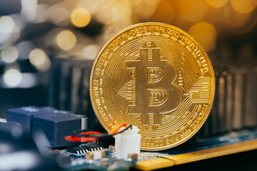 Wall Mural - Bitcoins and new virtual money. Gold coin with B.Mining icon or blockchain technology