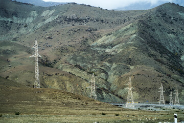 Power poles and power lines. Electric pole towers