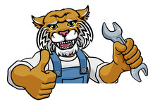 A Wildcat Cartoon Animal Mascot Plumber, Mechanic Or Handyman Builder Construction Maintenance Contractor Peeking Around A Sign Holding A Spanner Or Wrench