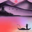 Atardecer con silueta de hombre en canoa, aves y montañas de fondo al estilo japonés