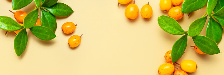 Fresh ripe sea buckthorn, green barberry leaves on beige background close-up. Background of ripe berries. Macro photography. Fruit organic background. Healthy food, vitamin berry. Long banner