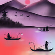 Atardecer con silueta de hombres en canoas, aves y montañas de fondo al estilo japonés