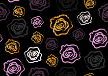 Vector Seamless Hand Drawn Roses With Glitter Gold Effect, Pink Color On A Dark Background. The Elegant Pattern For Packaging, Wallapaper, Prints, Wedding Invitation.