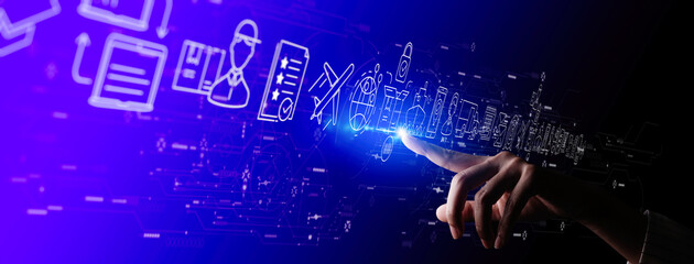 Wall Mural - Businesswoman hand using Digital computer of global logistics network distribution and transportation Ui, Smart logistics, Innovation future of transport on blue background.