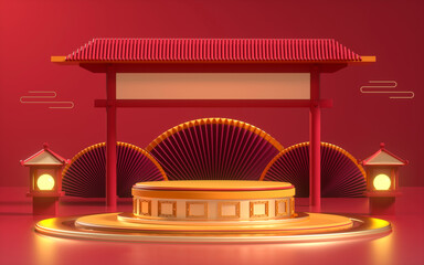 Wall Mural - Creative drawing of 3D Chinese style product display platform