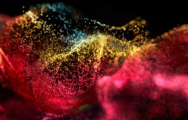 Wall Mural - 3d render of abstract art with surreal growing explosion magic smoke cloud splash fluid based on small pink and yellow foam balls particles in movement, explosion process with depth of field effect