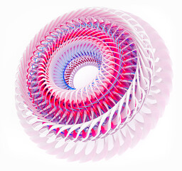 Wall Mural - 3d render of abstract art with surreal 3d machinery industrial turbine jet engine or wheel in spherical spiral twisted shape with sharp fractal blades in pink and white plastic on white background