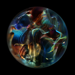 Wall Mural - 3d render of abstract art with surreal glass 3d ball with organic curve round wavy substance in bio forms looks like unusual planet based on metal rock in blue yellow and green gradient color on black
