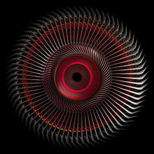 3d Render Of Abstract Art With Surreal 3d Machinery Industrial Turbine Jet Engine Or Wheel In Spherical Spiral Twisted Shape With Sharp Fractal Blades In Glowing Red And Lack Metal On Black Background