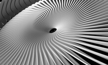 3d Render Of Abstract Black And White Art Technology Machinery Industrial 3d Background With Part Of Surreal Turbine Aircraft Jet Engine Or Wheel Rim With Sharp Blades In White Matte Plastic Material