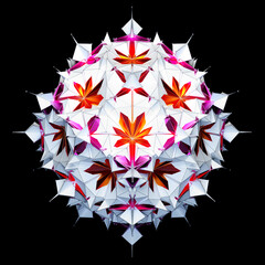 3d render of abstract art with surreal fractal alien star flower as sphere based on connected pyramids geometry figures in white plastic material with glass parts in red purple gradient color on black