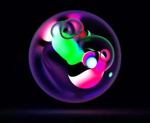 Wall Mural - 3d render with abstract art of surreal glass 3d ball or sphere with organic curve round wavy object inside with neon glowing effect in pink purple green color on isolated black background