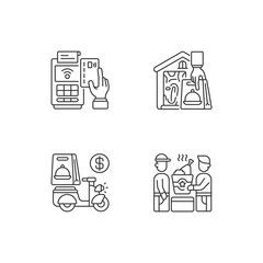 Poster - Meal delivery orders linear icons set. Cashless payment. Contactless, contact-free option. Delivery fee. Customizable thin line contour symbols. Isolated vector outline illustrations. Editable stroke