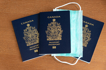 Wall Mural - Canadian passports with Covid-19 mask. 