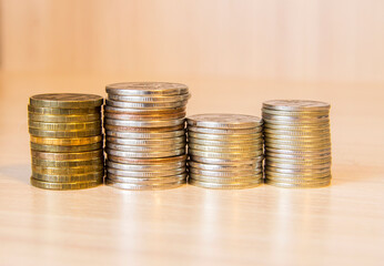 Stacks of Russian coins laying on the white background