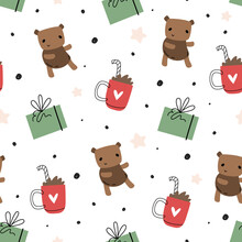 Christmas Vector Seamless Pattern. Bears, Gifts, And Cocoa. Hand-drawn Simple Design