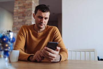 Wall Mural - Man using smartphone at home