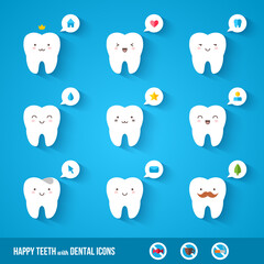 Wall Mural - White teeth with flat dental icons. Long shadow. Cute vector characters. Speech bubble. Illustration for children dentistry about toothache and treatment. Web site icons.