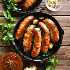 Wall Mural - Fried sausages in frying pan