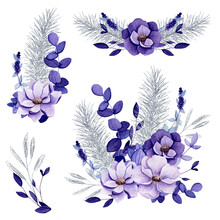 Set Of Watercolor Winter Bouquets With Flowers And Silver Elements