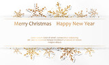 Fototapeta Na drzwi - Winter Banner with paper snowflakes from gold sparkles, glitter and space for text on white paper. Vector Christmas illustration. Elements for New Year poster, holiday, invitation, party, web, cards.
