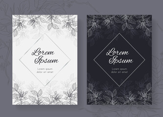 card templates for wedding or holiday invitations in two colors white black and silver. vector line 