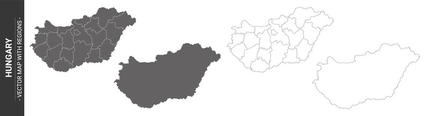 Wall Mural - set of 4 political maps of hungary with regions isolated on white background