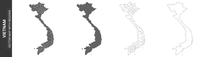 Wall Mural - set of 4 political maps of vietnam with regions isolated on white background