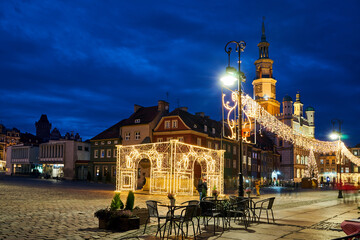 Wall Mural - historic tenement houses and the renaissance town hall with Christmas decorations on the market square at night