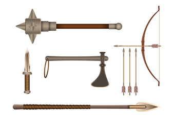 Wall Mural - Realistic 3d Set Bronze fighting cold weapon isolated on a white background. Vector Illustration