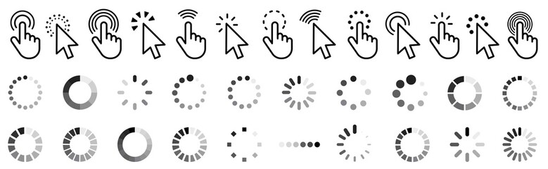 Poster - Computer mouse click cursor gray arrow icons set. Clicking cursor, pointing hand clicks and waiting loading icons.Hand icon design. Pointer click icon. loading icon.Vector illustration.