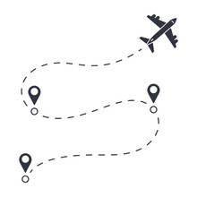 Vector Flight Path Of An Airplane From One Point To Another With Transfers. Dotted Line With Aircraft Silhouette. Stock Illustration On White Background