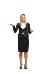 Canvas Print - Full length portrait of a professional woman in a suit presenting with hands