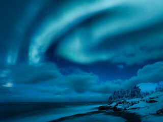 Wall Mural - aurora borealis in norway. green northern lights above mountains and ocean. night winter landscape w