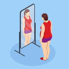 Problem Of Excess Weight And Health. Isometric Fat Woman Looks In The Mirror And Sees Herself As Slim. Health Risk, Obesity.