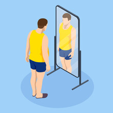 Problem Of Excess Weight And Health. Isometric Fat Man Looks In The Mirror And Sees Herself As Slim. Health Risk, Obesity.