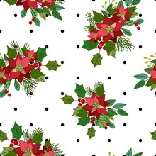 Poinsettia Red,  Bouquets And Green Leaves And Berries, Christmas Flat Vector Illustration, With Back Polka Dot, Seamless Pattern	
