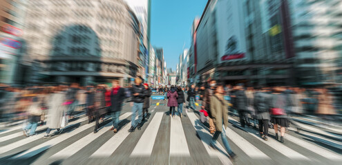 Wall Mural - blurred crowd of undefined japanese and foreign tourists are walking across the crosswalk in afterno