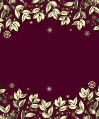 Wall Mural - Red Christmas holiday background. Copy space for text with a garland of golden leaves and snowflakes.